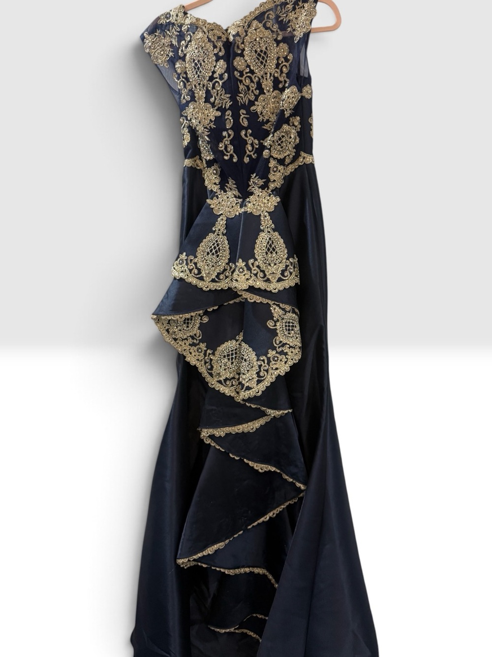 Stella  Couture Navy and Gold Embroidered Evening Gown